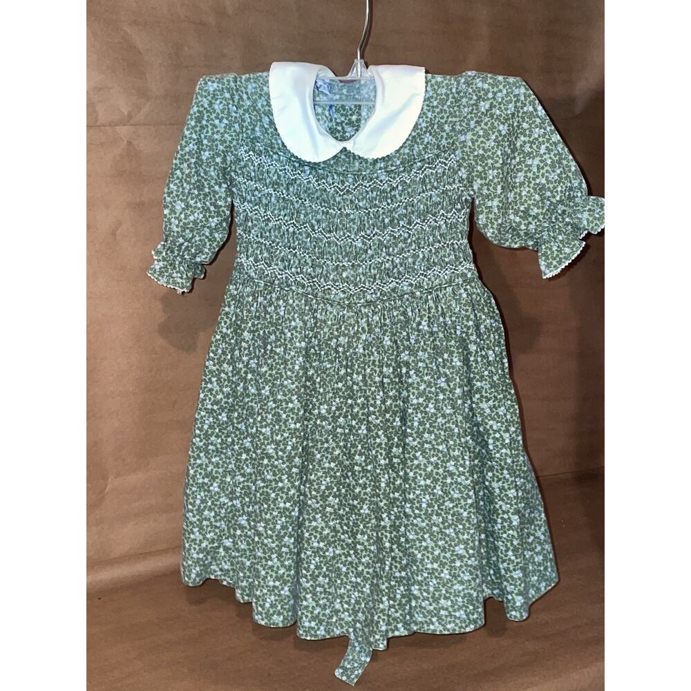 Vintage Polly Flinders Dress Hand Smocked Child Green Embroidered Girls Size 4